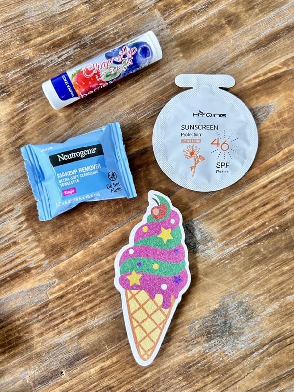 Ice Cream Cone Nail File, Neutrogena Makeup Remover (Single), Hyoing Sunscreen Spf 46 (K-Beauty), Chap-Lip Lip Balm in Berries